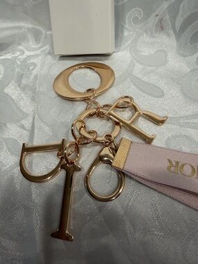 Dior Rose Gold Letter Charm Keyring with Pale Pink Ribbon NWB